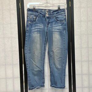 Wallflower Jeweled Embroidered Low Rise Skinny Capri Jeans 2-Button Cuffed Denim